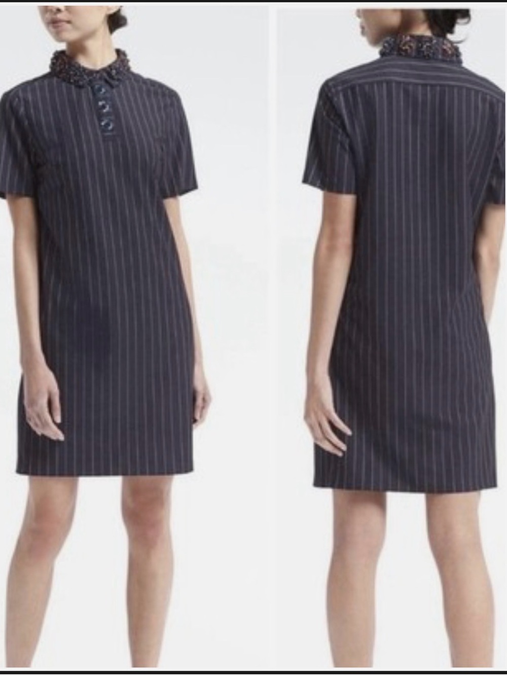 Banana Republic XXS Navy Pinstripe Jeweled Collar Shift Dress Embellished